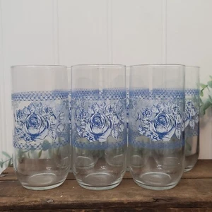 Vintage ARCOPAL FRANCE Glass Blue Rose Honorine Floral 16 OZ Tumblers Set of 6 - Picture 1 of 3