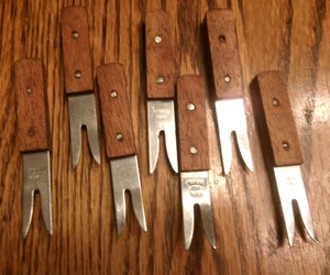 Vtg Mini Cocktail Fork Appetizer Stainless Steel 3" Wood Handle Set of 7 Taiwan - Picture 1 of 2
