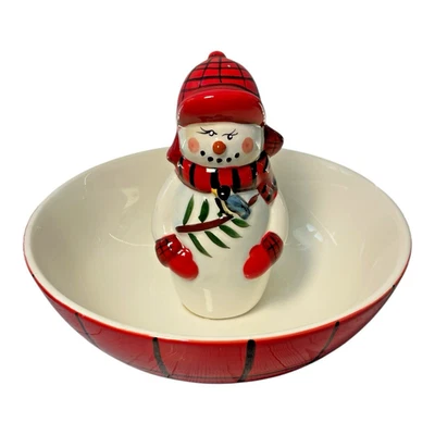 Pfaltzgraff Snowman Bowl w/ Bluebird Christmas Candy Dish Red Festive Tableware - Image 1 of 4