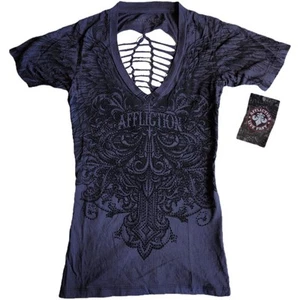Affliction Indulgence Biker Punk Grunge Y2K Women's Sml Blue Graphic T-Shirt NWT - Picture 1 of 8