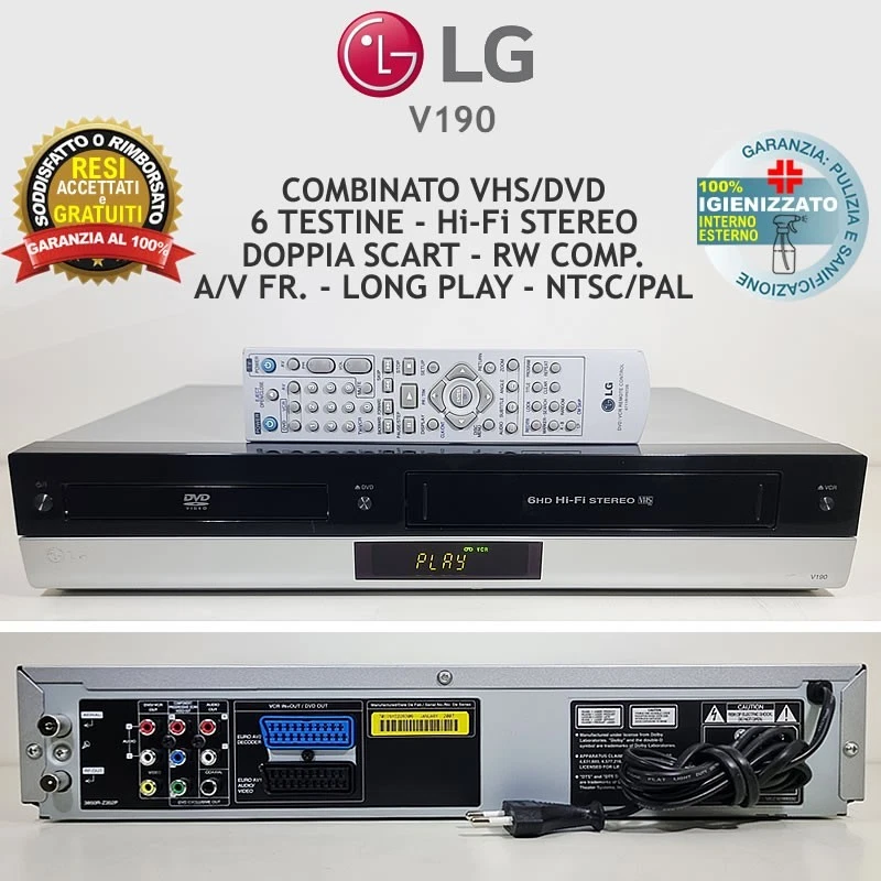 VIDEOREGISTRATORE COMBINATO DVD VHS LG V190 LETTORE CASSETTE VCR COMBO. - Immagine 1 di 4