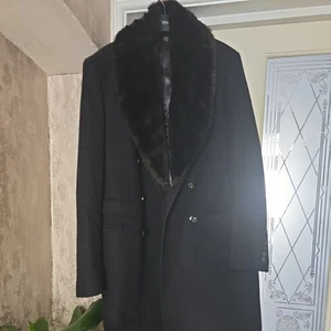 Zara Mens Black Overcoat Fur Collar Jacket Wool Formal Large Massimo Dutti - Picture 1 of 6