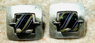 纯银现代主义方形耳钉多色丝带艺术玻璃 — 第 1/4 张图片