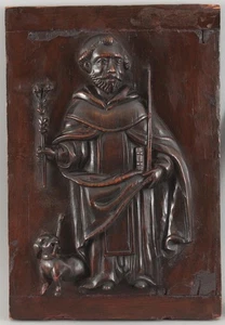 Antike Volkskunst geschnitzte Eichenholzplatte Heiliger Josef Calla Bibel & Hund 19. Jh. - Bild 1 von 9