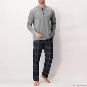 Pijama Hombre Cuello A 3 Botones Pantalones Fantasía Tartán de Algodón Cálido Pe - Imagen 1 de 4