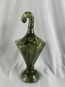 Vintage Umbrella Flower Frog Pencil Holder Green Drip Glaze Ceramic 8” Tall - Picture 1 of 5