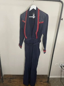 J.S.J. Vintage Jumpsuit mit Gürtel Gold Baumwolle Oberteil Marineblau Größe 6 Petite - Bild 1 von 5