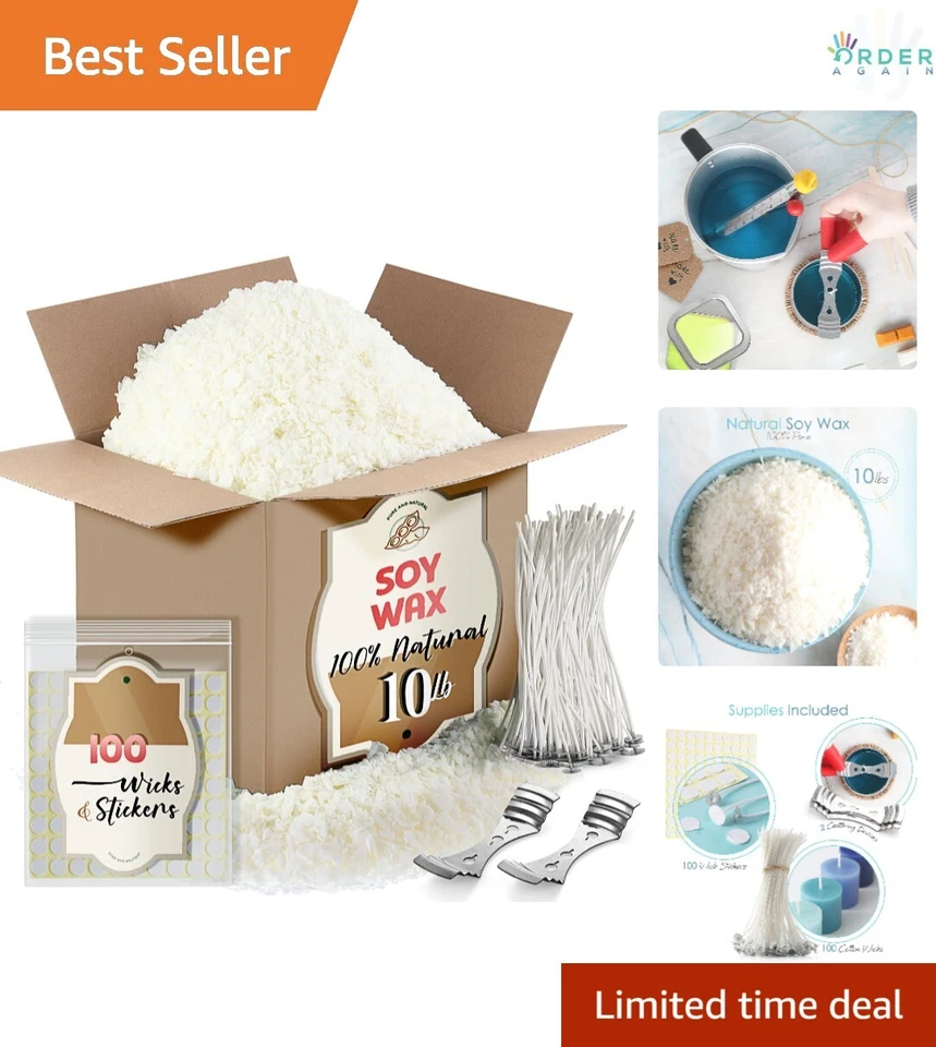 DIY Candle Making Supplies – 10 Lb. Soy Candle Wax Flakes 100 Candle Wicks 2 ...