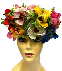 Vincent & Harmik Bonwit Teller Mod 1960s Vintage Silk FLOWERS Hat Lace Spring - Picture 1 of 10