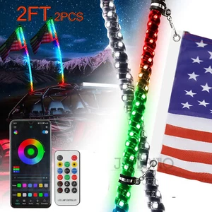 2Pcs 2ft RGB Spiral LED Whip Lights Antenna Chase + Flag&Remote for ATV UTV RZR - Picture 1 of 15