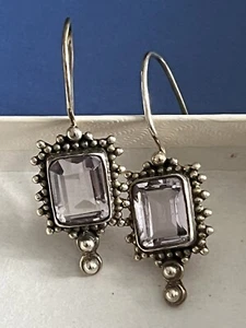 Silver Amethyst Hook Earrings 925 Sterling Rectangular Framed Marcasite - Picture 1 of 10
