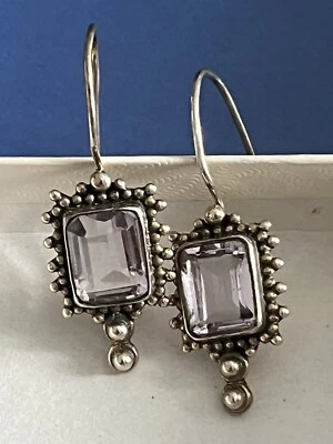 Silver Amethyst Hook Earrings 925 Sterling Rectangular Framed Marcasite - Image 1 of 4