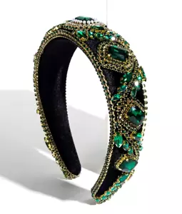 HANDMADE BLACK VELVET PADDED HEADBAND & GREEN/CLEAR RHINESTONE HAIR ACCESSORY - Picture 1 of 1
