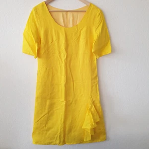 Handmade LEINEN KLEID Etui Sommerkleid GELB mit VOLANT leicht gefüttert Gr 38 40 - Bild 1 von 9