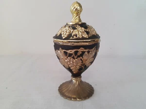 Vintage Art Glass Goblet Cup Chalice With Lid Fruit Floral Gold & Black Chalice - Picture 1 of 9