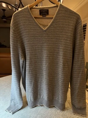 Black Brown 1826 100% Cashmere Sweater Men’s XL V-Neck Long Sleeve Gray Striped - Image 1 of 4