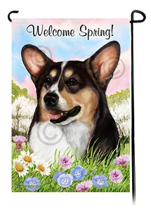Welcome Spring Garden Flag - Tri Pembroke Welsh Corgi - Picture 1 of 1