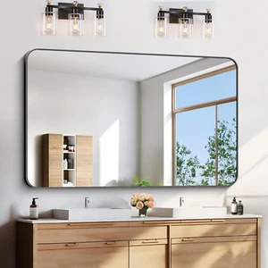 Large Bathroom Mirror 60X36 Inches, Black Oversized Wall Mirror for 2 Sinks Alum - Picture 1 of 7