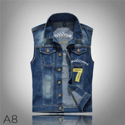 Gilet homme patch denim veste jean gilet sans manches vintage punk casual jacket - Photo 1/4