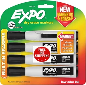 Expo Magnetic Dry Erase Markers with Eraser, Chisel Tip, Black, 4 Count - Picture 1 of 7