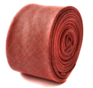 Frederick Thomas Designer Linen Mens Tie - Coral Red - Plain Skinny Textured - Picture 1 of 1