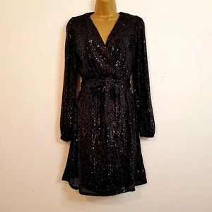 NEW EX NEW LOOK 8-10 BLACK SEQUIN WRAP OVER BELTED LINED PARTY EVENING DRESS - Picture 1 of 8