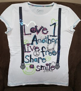 JUSTICE T-SHIRT SIZE 14 LOVE 1 ANOTHER/LIVE FREE/SHARE A SMILE SHIMMERING CUTE! - Picture 1 of 4