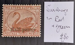 1895 Western Australia Half-penny in Red&Green on 3d Red Brn Swan Stamp Mint £85 - Picture 1 of 3