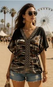 BCBG MaxAzria Sz M Women's Stretch Knit Pullover Blouse Top Southwestern V Neck - Picture 1 of 8