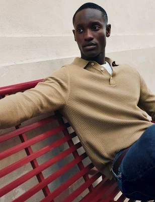 Marks & Spencer Mens Beige Cotton Knitted Collar Long sleeved Polo Men Top - M&S - Image 1 of 4