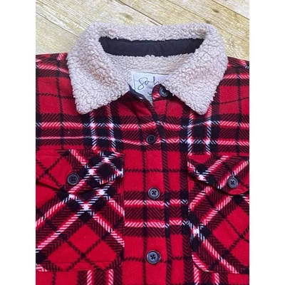 Plaid Flannel Shirt Jacket Sherpa Lined Red Black White Womens - Image 1 of 4