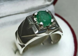 Natural 2 Carat Rich Green Sawat Emerald Sterling Silver 925 Handmade Mens Ring - Picture 1 of 12