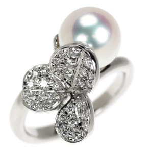 Mikimoto K18WG Akoya Pearl Diamond Ring Fortune Leaves Clover - Auth free shippi - Picture 1 of 4