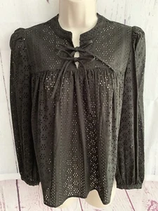 Madewell Small Eyelet Double-Tie Peasant Top Black Long Sleeve Style #K3808 New - Picture 1 of 12