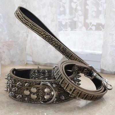 2" Gator Leather Spiked Studded Dog Collar Leash Set PitBull Husky Terrier S-XL - Image 1 of 4