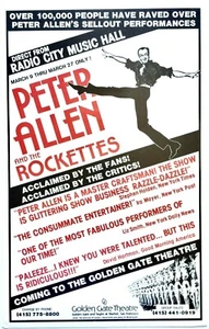 "PÓSTER DE TARJETA DE VENTANA ORIGINAL PETER ALLEN & THE ROCKETTES ~ TEATRO GOLDEN GATE" - Imagen 1 de 1