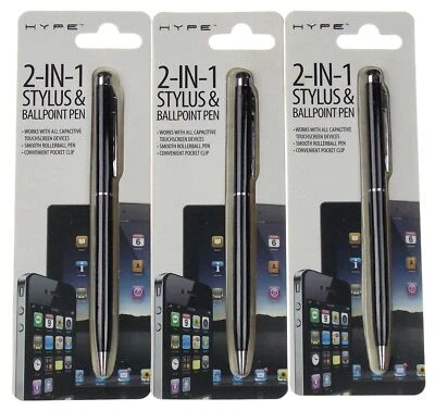 Hype 2 in 1 Stylus Ballpoint Pen Touchscreen Rollerball Pocket Clip Lot 3 Gift - Image 1 of 2