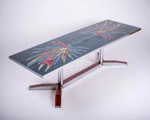 Adi  Mid century coffee table with ceramic tile, hand-painted Cover