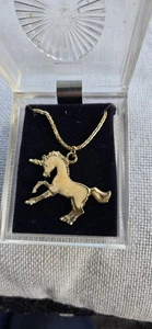 Unicorn Pendant Necklace Vintage Gold Tone Shimmer Enamel 1.5"x1.5" Chain 18" - Picture 1 of 9