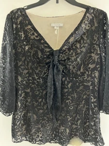 Camicetta donna Dressbarn nera in pizzo taglia Med con fodera beige misto rayon/poliestere - Foto 1 di 14