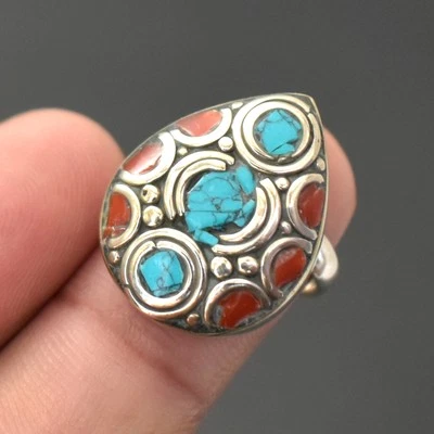 Tibetan Turquoise Coral Handmade Bohemian Jewelry Nepali Adjustable Ring SR 3051 - Image 1 of 4