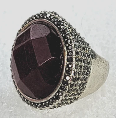 Lucky Brand Statement Ring Size 7 Dark Red Faceted Acrylic Bead Marcasite - Image 1 of 4