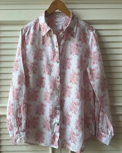Shabby Chic 100% Linen Floral Rose Button Up Shirt Pink White Size Large - Picture 1 of 5