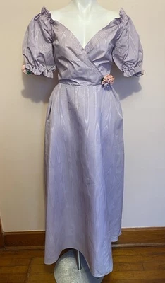 VTG 80s Purple Dress Puff Sleeve On Off Shoulder Moire Flower Princess Prom S - Image 1 of 4