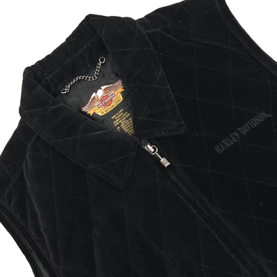 Chaleco para mujer Harley Davidson XL negro terciopelo acolchado cremallera completa forrado bordado Foto 1 de 4