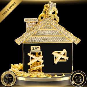 Ciondolo Bando Traforo Oro 14K Diamante Ghiacciato Zirconi e Nero + Catena Cubana Ghiacciata 24" - Foto 1 di 8