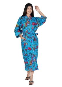 Blau 48" lang Vogelmuster Damen Kimono Baumwolle Bademäntel Maxi Nachthemd Kleid - Bild 1 von 6