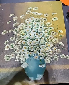 Midcentury Ölgemälde signiert Eliott - blühendes Gänseblümchen in Vase Stillleben - Bild 1 von 9