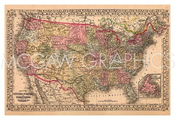 Map Of USA 1867, Ward, Wall Decor Art Print Poster  13" x 19" - Image 1 of 1