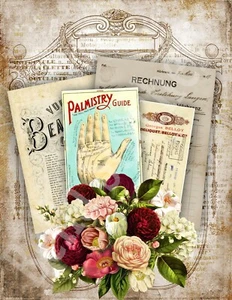 Vintage Shabby Chic Palmistry Tarot Collage - 8x10 Craft Cotton Fabric Block - Picture 1 of 1
